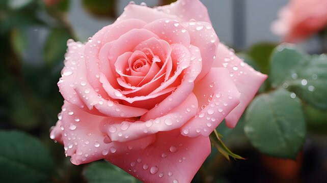Elegant pink rose, delicate dewdrops, soft focus, romantic Valentine's Day bloom