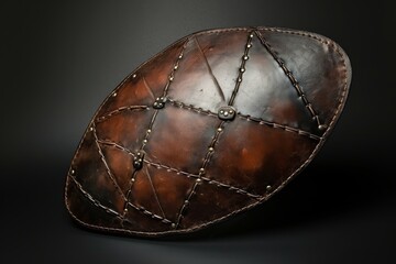 oval-shaped leather shield with a dark background