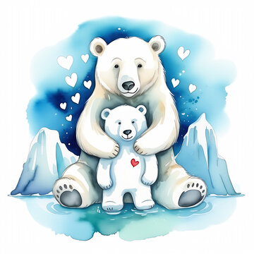 Watercolor polar bear mother or father with cub. Two white bears together lovely family picture on the snowy Arctic background. Useful for cards and greetings.
