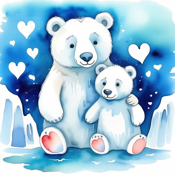 Watercolor polar bear mother or father with cub. Two white bears together lovely family picture on the snowy Arctic background. Useful for cards and greetings.
