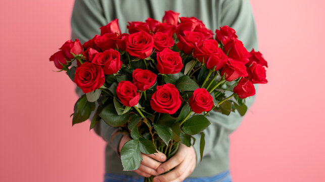 Photo of cropped man arms hold big one hundred red bright roses bunch giving girlfriend surprise hiding face secret admirer arrangement delivery concept isolated over pink background, generative ai