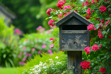 Fototapeta na wymiar Rustic Mailbox Surrounded by Lush Roses and Greenery in a Vibrant Garden