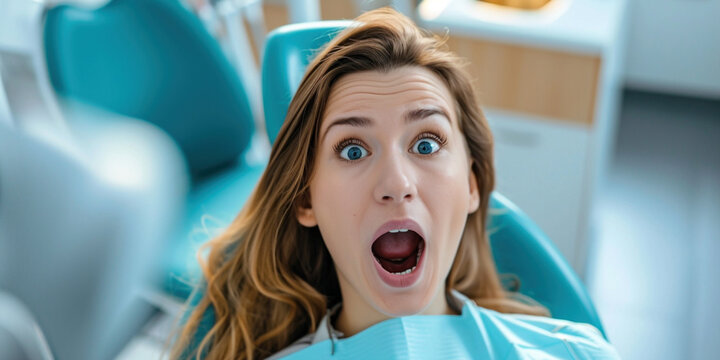 Funny felame for dentistry. People treatment teeth, medical checkup concept. Adult scared shocked woman with open mounth sitting in dentist chair exposing white teeth