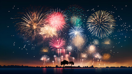 Happy New Year, burning fireworks with bokeh light background