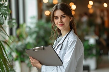 Professional female psychologist in happy mood with clipboard in hand. Generative Ai.