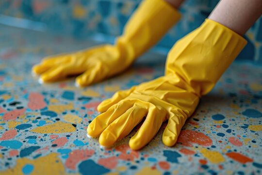 Close-up of rubber gloved hands sanitizing a surface. Generative Ai.