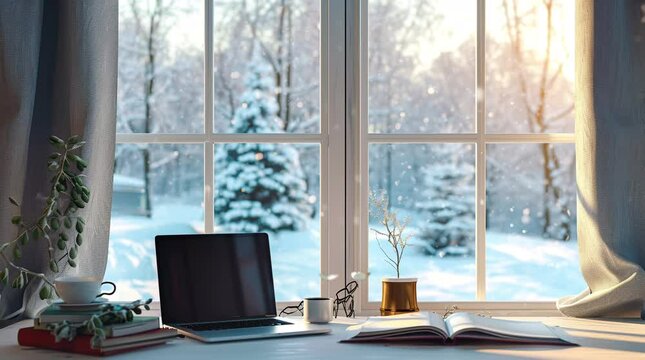 Laptop and coffee on winter window Seamless looping 4k time-lapse virtual video animation background. Generated AI