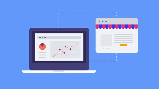 Ecommerce sales metrics and kpi, inventory and customer data on dashboard interface, business intelligence and marketing report on laptop screen, video animation 2d clip.