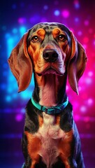 A portrait photo highlighting an American English Coonhound dog, with a background illuminated by vibrant neon lights
