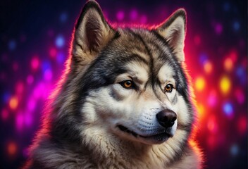 A portrait photo highlighting an Alaskan Malamute dog, set against a backdrop of vibrant neon lights