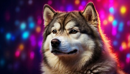 Fototapeta premium A portrait photo highlighting an Alaskan Malamute dog, set against a backdrop of vibrant neon lights
