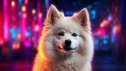 A portrait photo showcasing an American Eskimo Dog, set against a backdrop of vibrant neon lights - obrazy, fototapety, plakaty