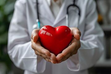 Cardiologist doctor holding a red heart in his hands, depicting cardiac disease or heart failure concept.