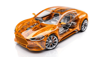 Illustration of sportier car with see-through partial inside details of the car,  Generative AI image.
