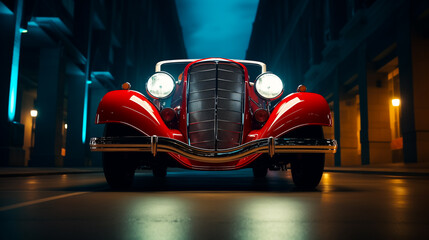 Illustrative concept of red 1930 s  luxury classic car in the middle of street night time view, Generative AI image. - obrazy, fototapety, plakaty