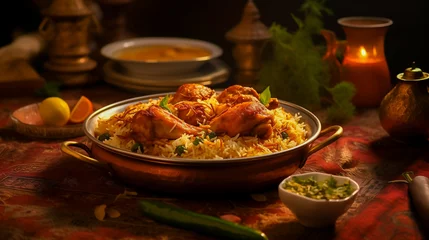 Fotobehang Illustrative concept of Hyderabadi style chicken biryani dinner, Famous Indian dish, Generative AI image. © SNEHIT PHOTO