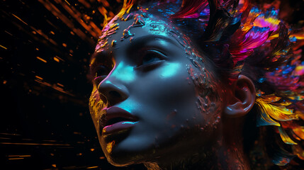 Illustration of Indian woman face with color splash , Concept of Holi festival, Generative AI image.