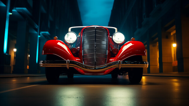 Illustrative concept of red 1930 s  luxury classic car in the middle of street night time view, Generative AI image.