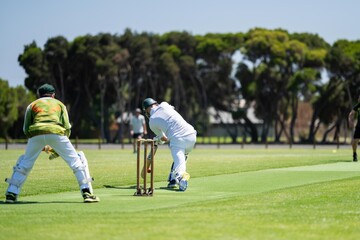 amateur game of local cricket match, cricket bat and bowl in summer