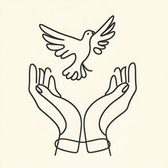 One continuous line drawing of flying dove with two hands. Bird symbol of peace and freedom in simple linear style. Mascot concept for national labor movement icon. Doodle vector illustration