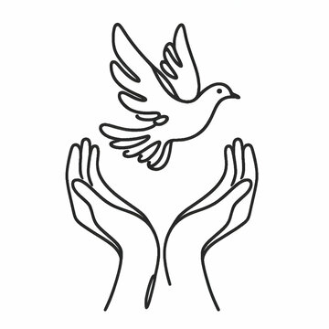 recommend clip art: One continuous line drawing of flying dove with two hands. Bird symbol of peace and freedom in simple linear style. Mascot concept for national labor movement icon. Doodle vector illustration