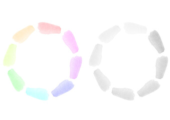 水彩で描いたレインボーとモノクロの円形のフレームセット