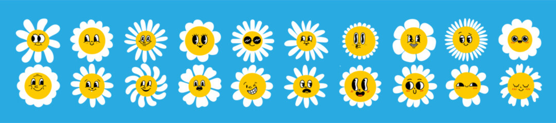 Collection of magnificent chamomile flowers. Retro daisy smiles in cartoon style. Set of happy 70s stickers. Vector graphic illustration in hippe style.