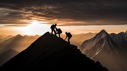 Photo of sillhouette two climbers ascending a steep mountain slo