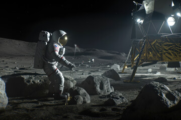 Explorers in spacesuits meeting on the moon
