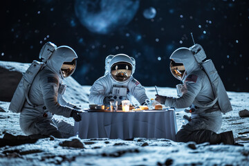 Explorers in spacesuits meeting diner on the moon