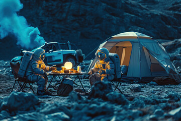 Explorers in spacesuits meeting diner on the moon and car off road background