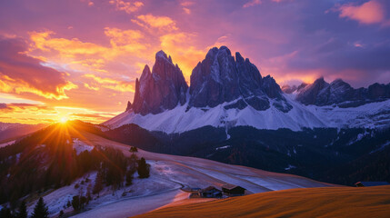 sunset at Seiser Alm in South Tyrol in the winter - obrazy, fototapety, plakaty