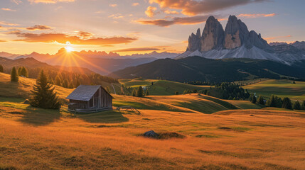 sunset at Seiser Alm in South Tyrol in the winter