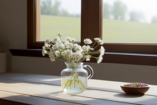 Small white flowers in glass jag on morning light in window