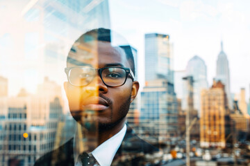 Fototapeta premium American African Businessman handsome, double exposure with modern city road