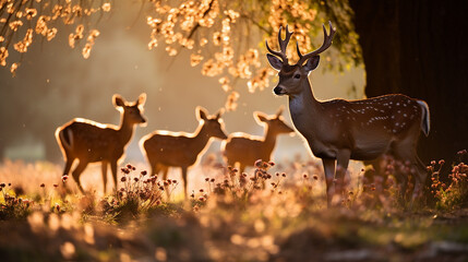 Naklejka premium a_group_of_deer_grazing_in_a_sunlit_meadow_no_text_eye