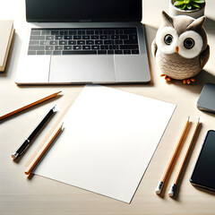 Plain White Sheet of Paper Mockup on a Desk with Laptop and Plush Owl Toy