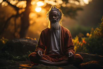 African-American senior grey-haired man practicing breathing yoga pranayama in nature. Unity connection with yourself, meditating for inner peace zen balance, stable mental health wellness concept