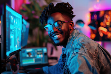 Afro young content creator cheerful with working in the studio