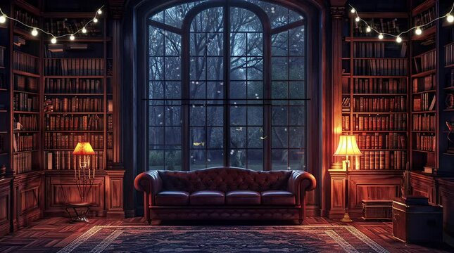 library room with sofa and front of big window at night winter, Seamless looping 4k time-lapse virtual video animation background. Generated AI