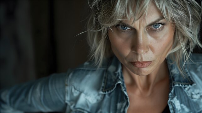 Portrait of stern woman with a steely gaze wearing a distressed denim jacket