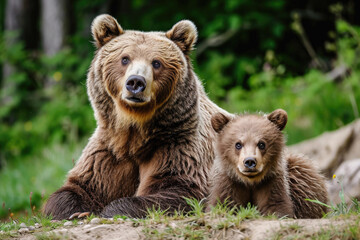 Brown bear. Mother and cub. - obrazy, fototapety, plakaty