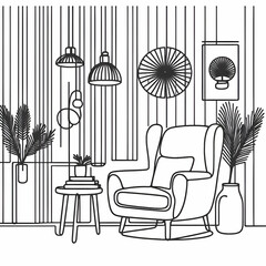 Modern design interior with armchair and wood slat walls in one continuous line drawing. Hygge scandinavian decor and soft furniture chair in simple linear style. Doodle vector illustration