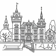 Obraz premium Continuous one line drawing of old residence and castle. Serbian landmarks Vladicanski dvor in Novi Sad city in simple linear style. Editable stroke. Doodle vector illustration