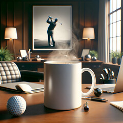 Mug Mockup on a Golf Enthusiast CEO Office Desk with Golf Wall Art in Background Illustration