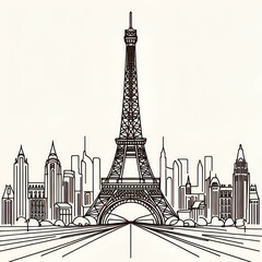 Continuous one line drawing of Paris Eiffel tower. French landmarks and city architecture in simple linear style. Editable stroke. Doodle outline vector illustration