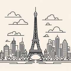 Continuous one line drawing of Paris Eiffel tower. French landmarks and city architecture in simple linear style. Editable stroke. Doodle outline vector illustration