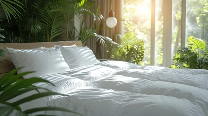 A close-up of a white bed with pillows and a duvet against a lush green background.