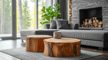 Close-up of a coffee table with two tree stumps near a gray sofa beside a window and fireplace.