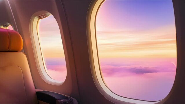 The stunning hues of orange and pink painted across the sky make for a breathtaking view from the private jet window, perfectly complementing the luxurious and sophisticated interior of the